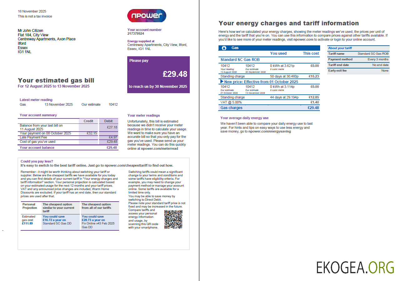 United Kingdom Npower utility bill template in Word and PDF formats, 3 pages, 1 2 page